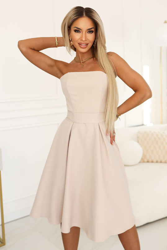 Light Beige Flared Midi Dress with Belt – Vivienne