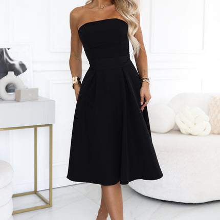 Black Corset-Style Flared Midi Dress with Belt – Vivienne