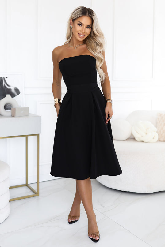 Black Corset-Style Flared Midi Dress with Belt – Vivienne