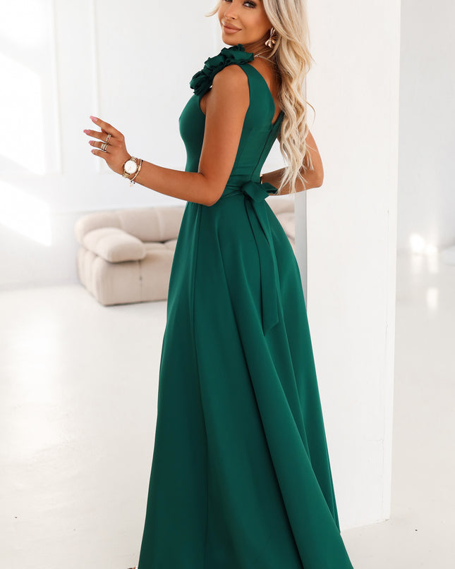 643-1 Elegant evening maxi dress with a slit and roses - bottle green