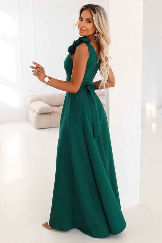 643-1 Elegant evening maxi dress with a slit and roses - bottle green