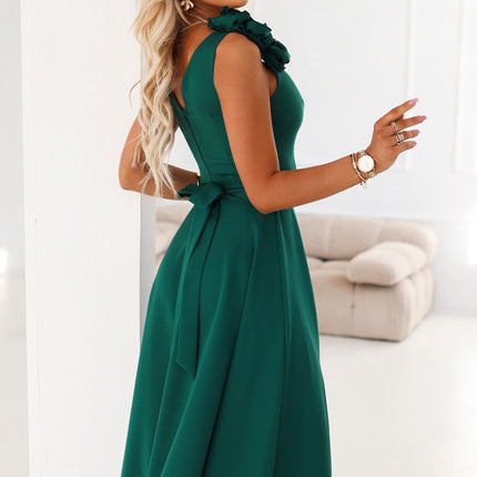 21164-5-643-1 Elegant evening maxi dress with a slit and roses - bottle green-5