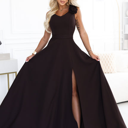 Chocolate Brown Maxi Dress with Roses and Slit