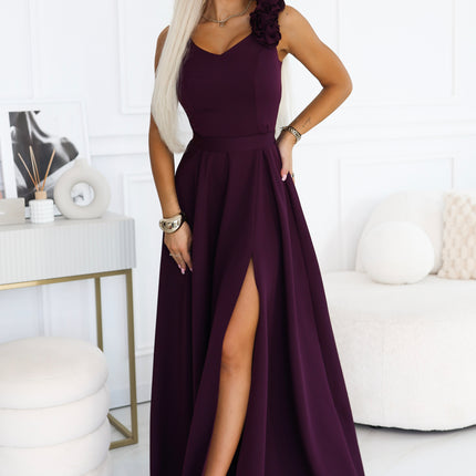 Ripe Plum Maxi Evening Gown with Slit and Roses