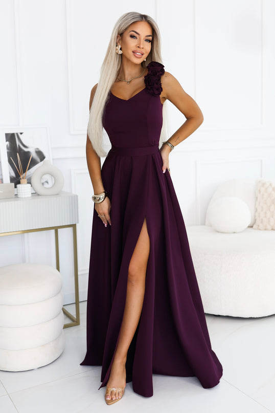 Ripe Plum Maxi Evening Gown with Slit and Roses