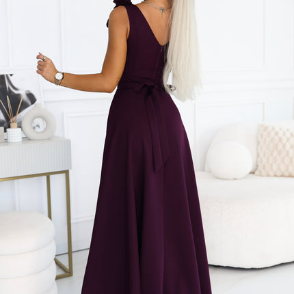 Ripe Plum Maxi Evening Gown with Slit and Roses