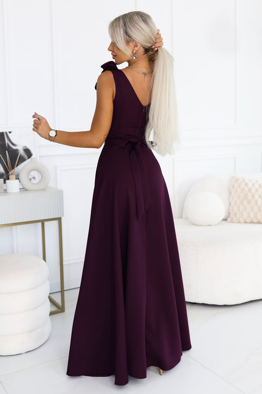 Ripe Plum Maxi Evening Gown with Slit and Roses