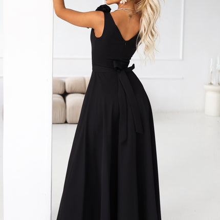 643-2 Elegant maxi evening dress with a slit and roses - classic black