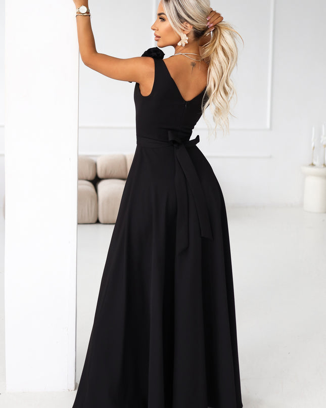 643-2 Elegant maxi evening dress with a slit and roses - classic black