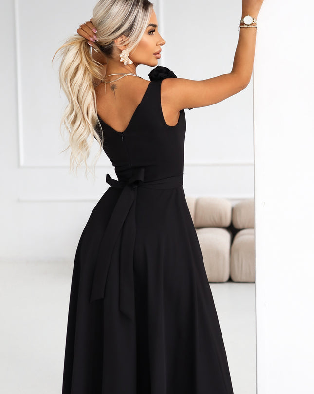 643-2 Elegant maxi evening dress with a slit and roses - classic black