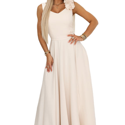 21457-9-643-3 Elegant Evening Maxi Gown with Slit and Roses - Beige-9