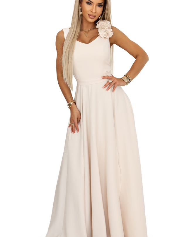 643-3 Elegant Evening Maxi Gown with Slit and Roses - Beige