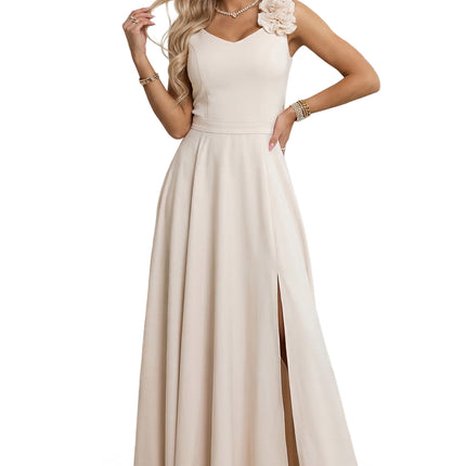 21457-10-643-3 Elegant Evening Maxi Gown with Slit and Roses - Beige-10
