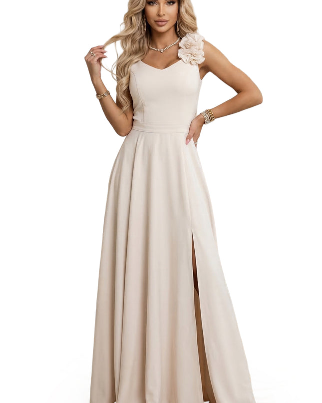 643-3 Elegant Evening Maxi Gown with Slit and Roses - Beige