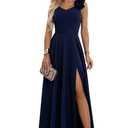 21408-8-643-4 Elegant Evening Maxi Gown with Slit and Roses - Navy Blue-8