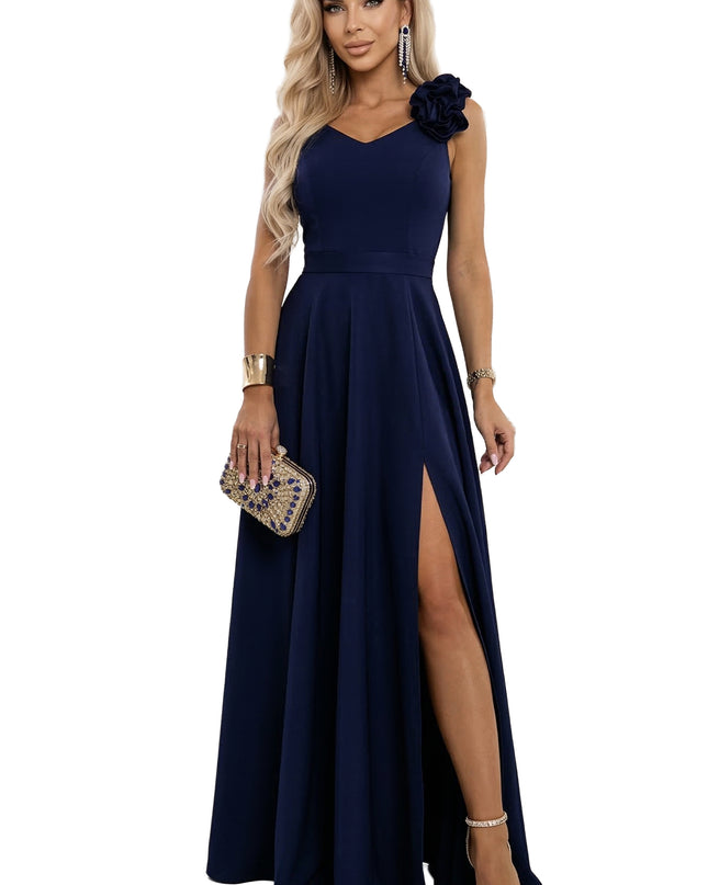 643-4 Elegant Evening Maxi Gown with Slit and Roses - Navy Blue