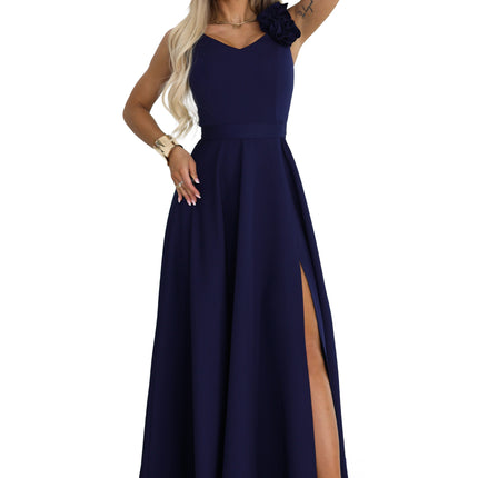 21408-9-643-4 Elegant Evening Maxi Gown with Slit and Roses - Navy Blue-9