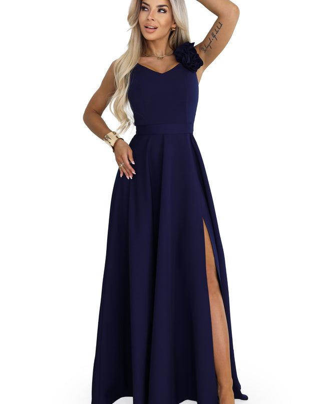 643-4 Elegant Evening Maxi Gown with Slit and Roses - Navy Blue