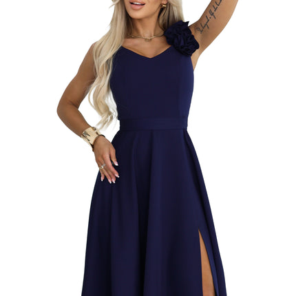 21408-11-643-4 Elegant Evening Maxi Gown with Slit and Roses - Navy Blue-11