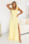 643-5 Elegant evening maxi dress with a slit and roses - butter yellow