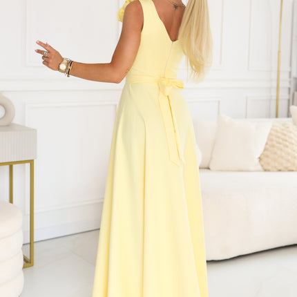 643-5 Elegant evening maxi dress with a slit and roses - butter yellow