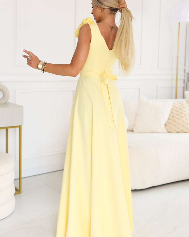 643-5 Elegant evening maxi dress with a slit and roses - butter yellow