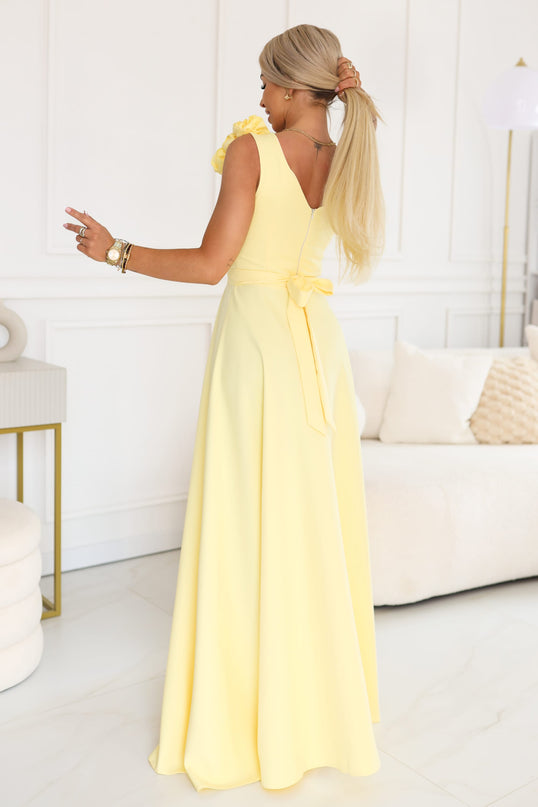 643-5 Elegant evening maxi dress with a slit and roses - butter yellow