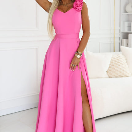 643-6 Elegant evening maxi dress with a slit and roses - candy pink
