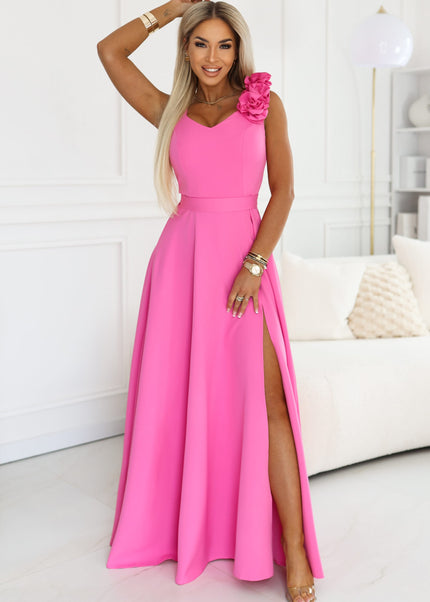 643-6 Elegant evening maxi dress with a slit and roses - candy pink