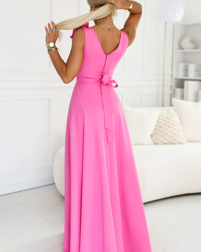 643-6 Elegant evening maxi dress with a slit and roses - candy pink