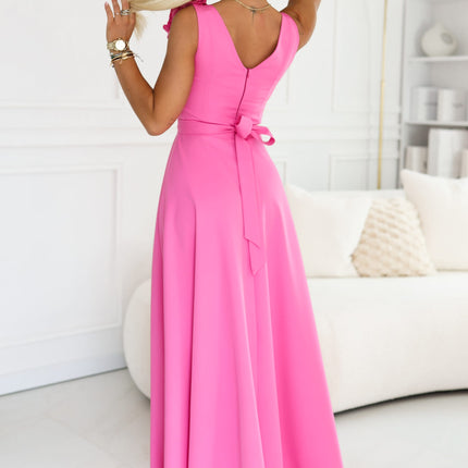 643-6 Elegant evening maxi dress with a slit and roses - candy pink