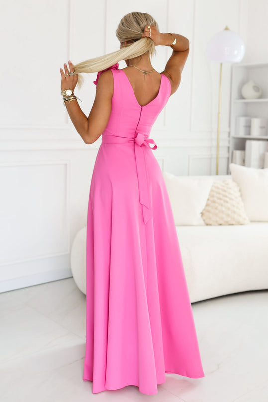Candy Pink Maxi Dress with Slit and Roses