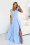 643-7 Elegant evening maxi dress with a slit and roses - sky blue