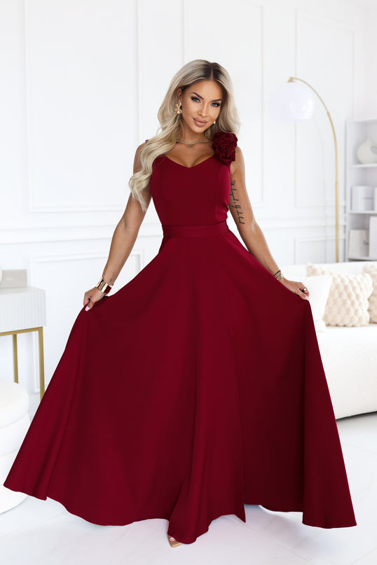 Burgundy Maxi Dress with Slit and Roses