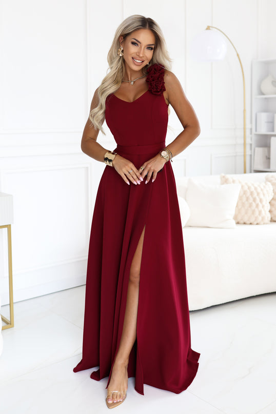 Burgundy Maxi Dress with Slit and Roses