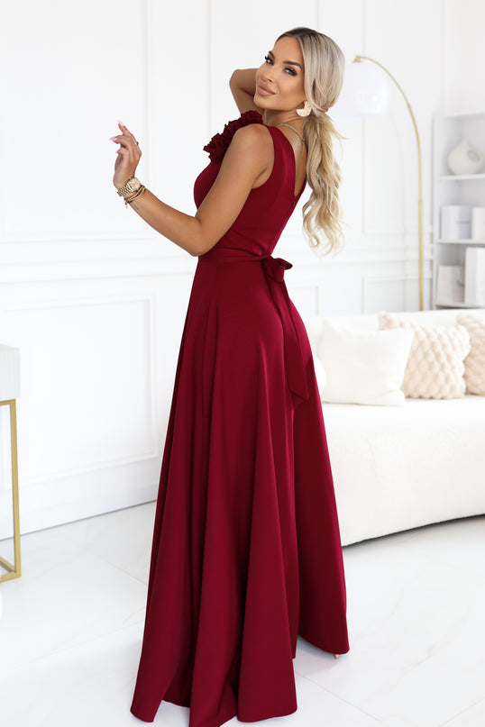 Burgundy Maxi Dress with Slit and Roses