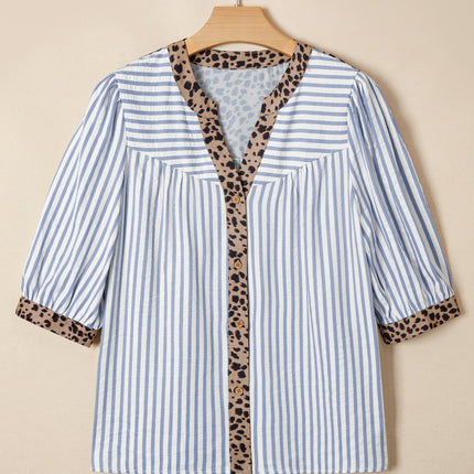 Sky Blue Stripe Leopard Trim V Neck Button Down Half Sleeve Shirt