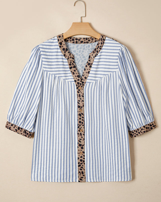 Sky Blue Stripe Leopard Trim V Neck Button Down Half Sleeve Shirt