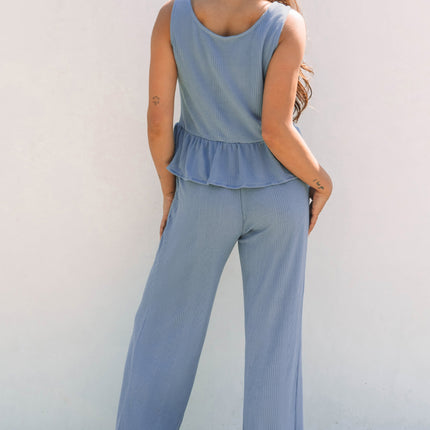 Beau Blue Solid Color Ribbed Ruffle Tank Top and Pants Set