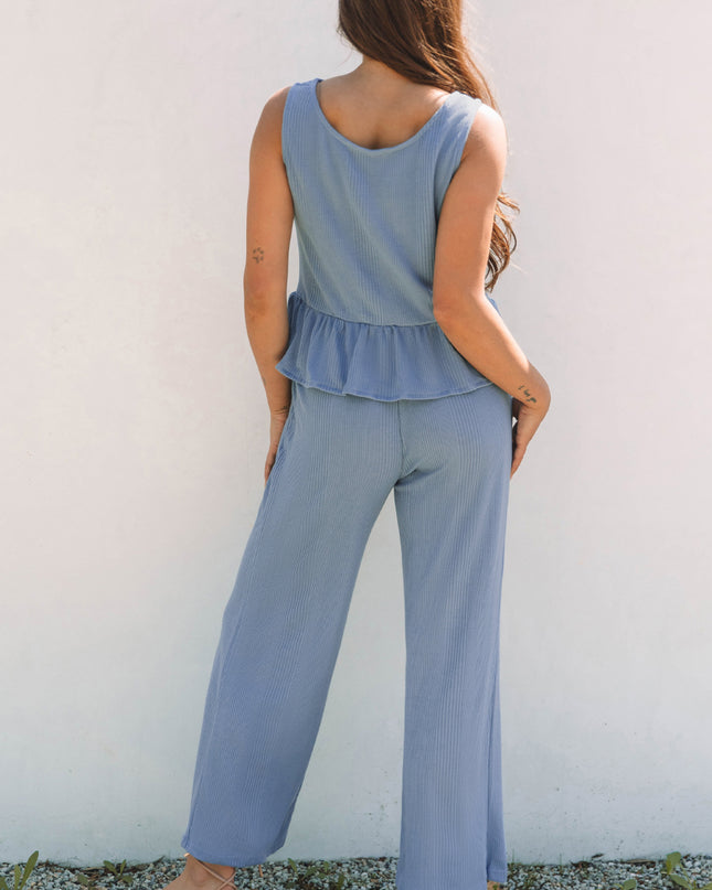Beau Blue Solid Color Ribbed Ruffle Tank Top and Pants Set
