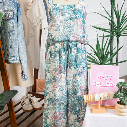 Green Tropical Palm Printed Cropped Tank Drawstring Wide Leg Pant Set