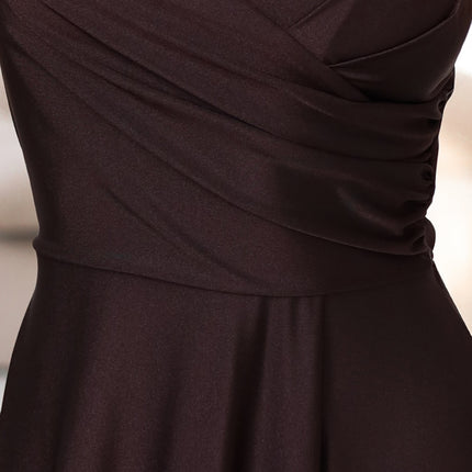 646-1 Long strappy evening dress with a slit on the leg - chocolate brown