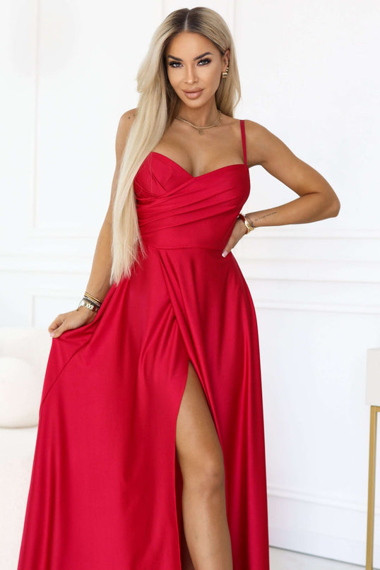 646-3 Long evening dress with straps and leg slit - red