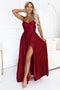 Burgundy Long Evening Dress with Straps and Leg Slit