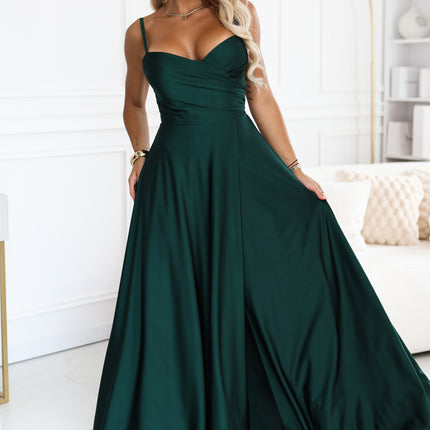 Bottle Green Long Dress with Straps and Slit