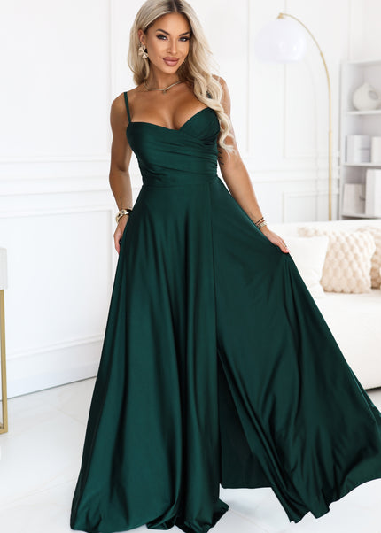 Bottle Green Long Dress with Straps and Slit
