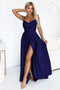 Navy Blue Long Evening Dress with Straps and Slit