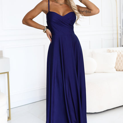 Navy Blue Long Evening Dress with Straps and Slit