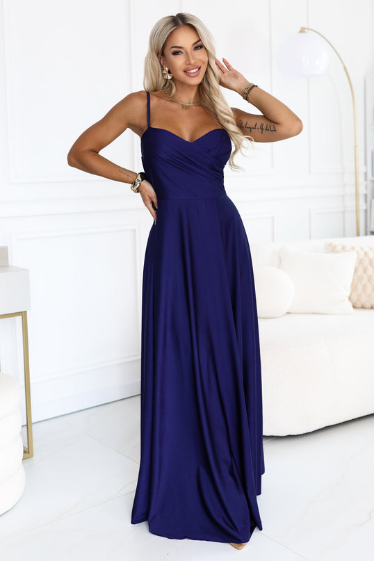 Navy Blue Long Evening Dress with Straps and Slit