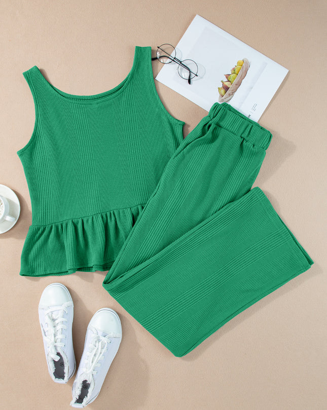 Beau Blue Solid Color Ribbed Ruffle Tank Top and Pants Set